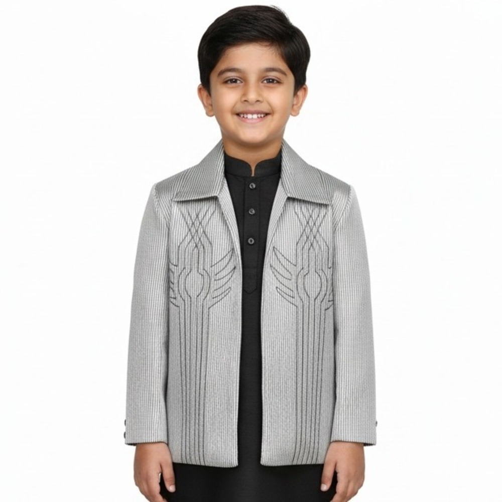 Boys Blazer Gray Striped‎ Traditional Indian Bollywood Rhinestones Embroidered